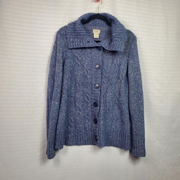 L.L. Bean Blue Cable Knit Marled Cardigan Sweater Wool Blend Medium - Picture 1 of 8